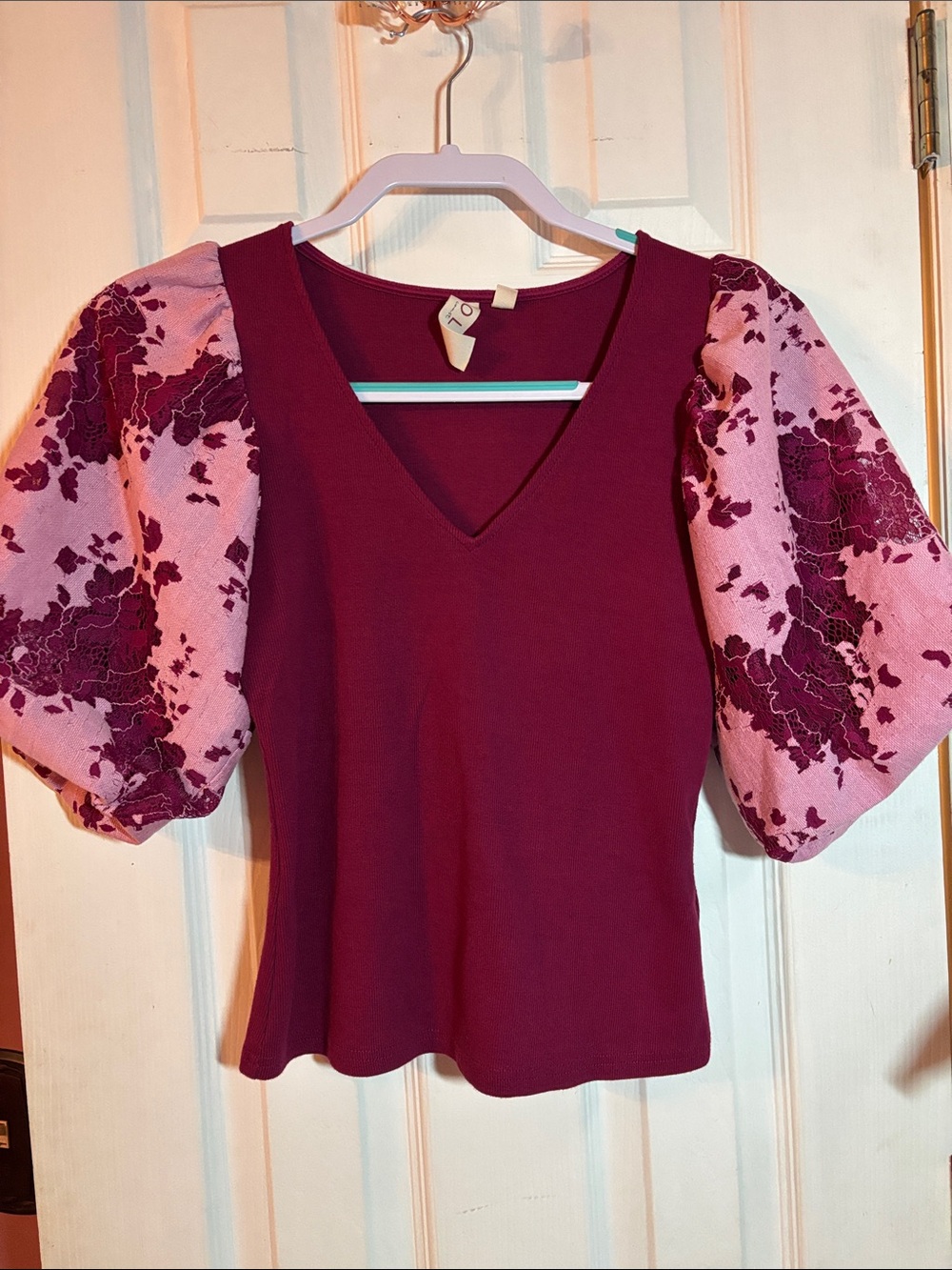 Anthropologie Raspberry V-Neck Puff Sleeve Top with Pink Floral Sleeves